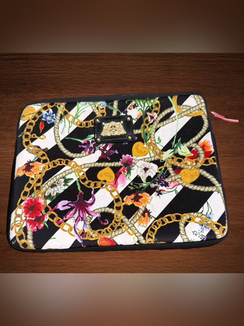 JUICY COUTURE IPAD/ACCESSORIES POUCH FLORAL/CHEIN STRIPE. 10x8”